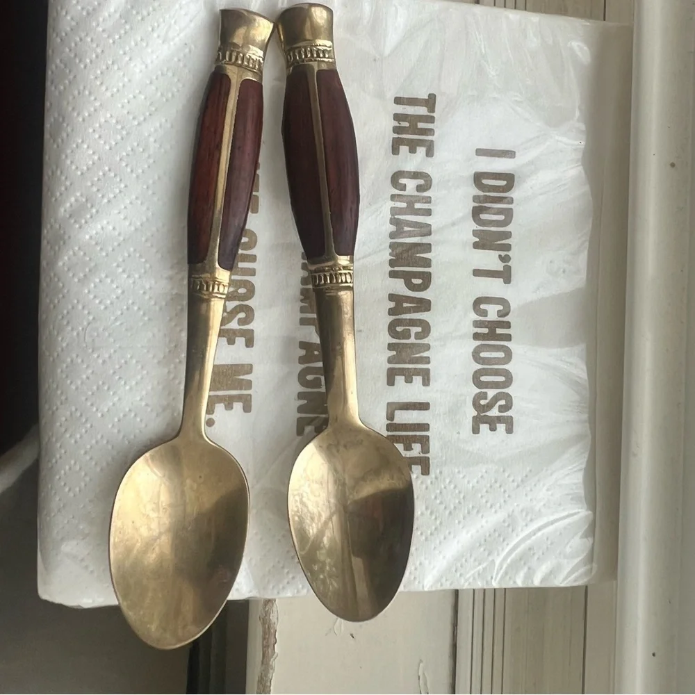 VTG Brass Rosewood Inlay Demitasse Spoons (x2) Stamped Thailand